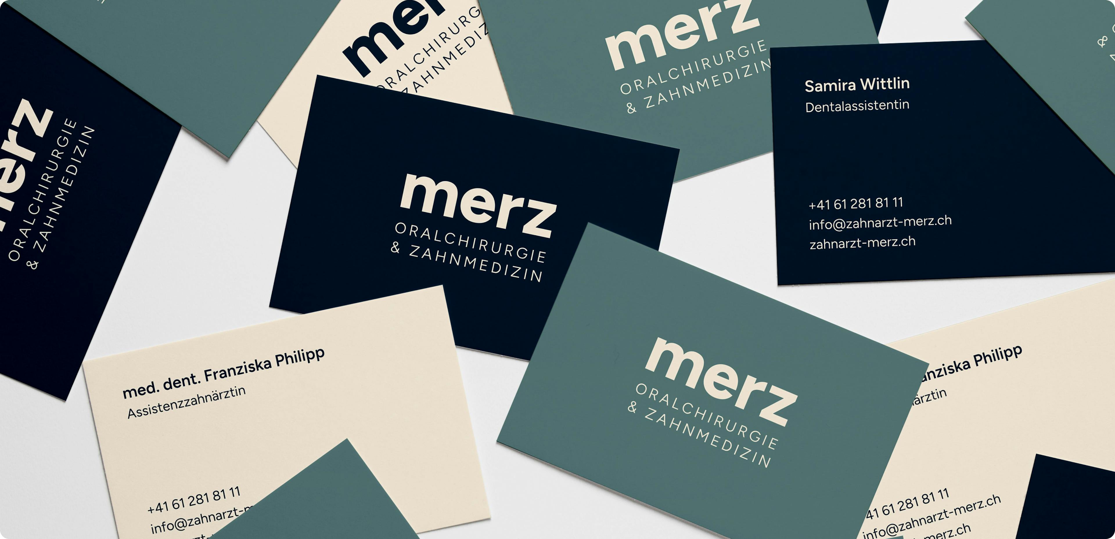 Practice Merz business cards laid out