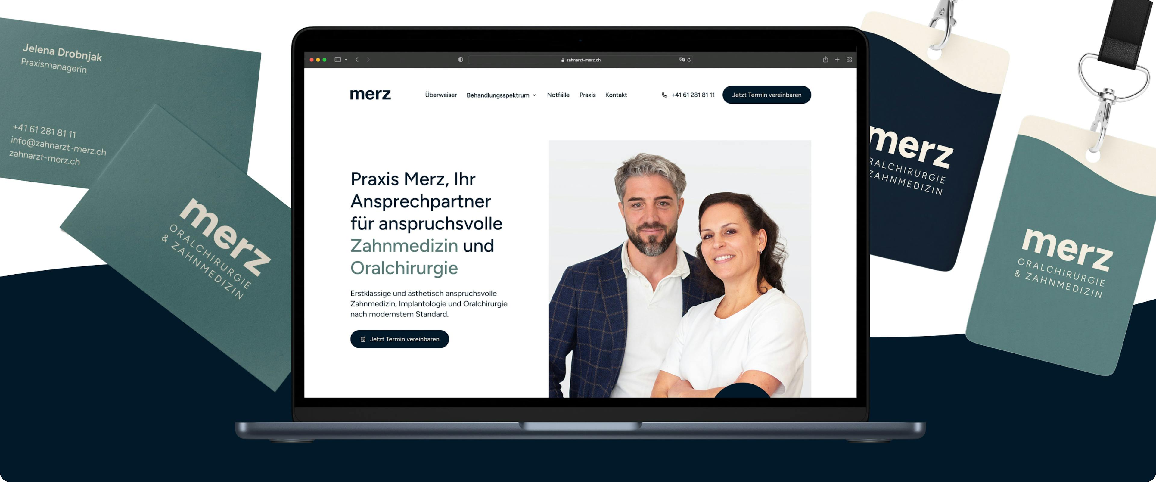 Business cards, badges and website from Merz Dental Practice